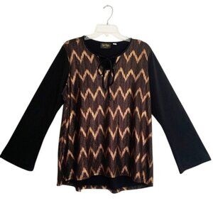 Bob Mackie Wearable Art Black & Gold Metallic Chevron Print Blouse Womens Size L